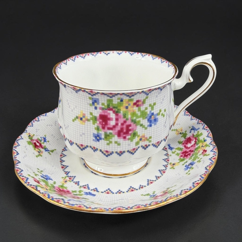 Royal Albert Petit Point China Teacup and Saucer Set Floral Cross Stitch England